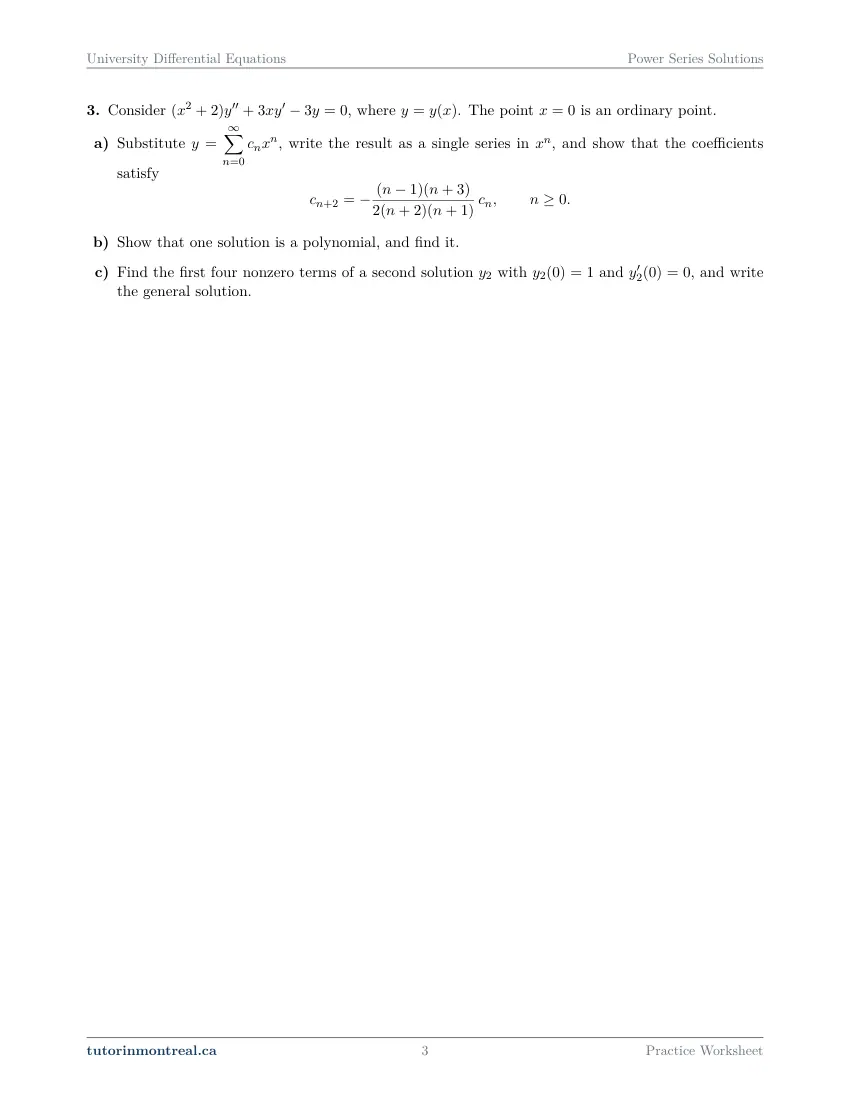 Page 3 of the University Differential Equations Power Series Solutions practice worksheet