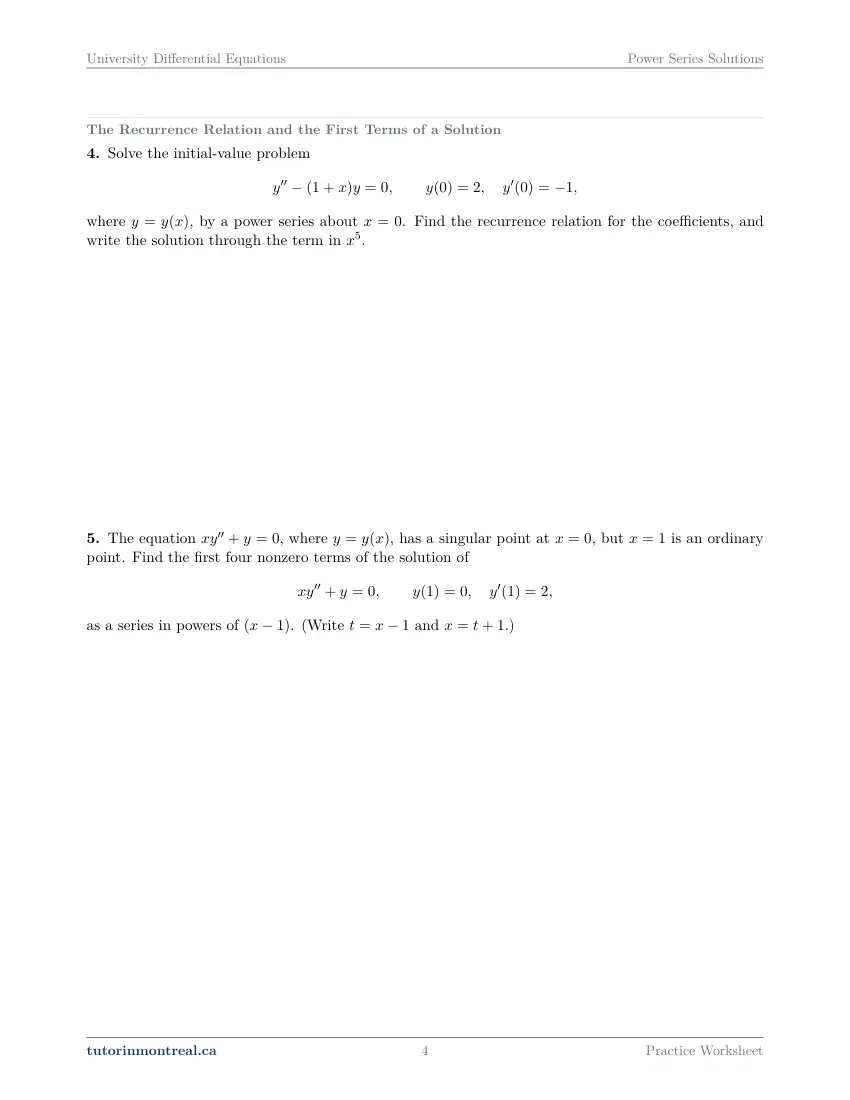 Page 4 of the University Differential Equations Power Series Solutions practice worksheet