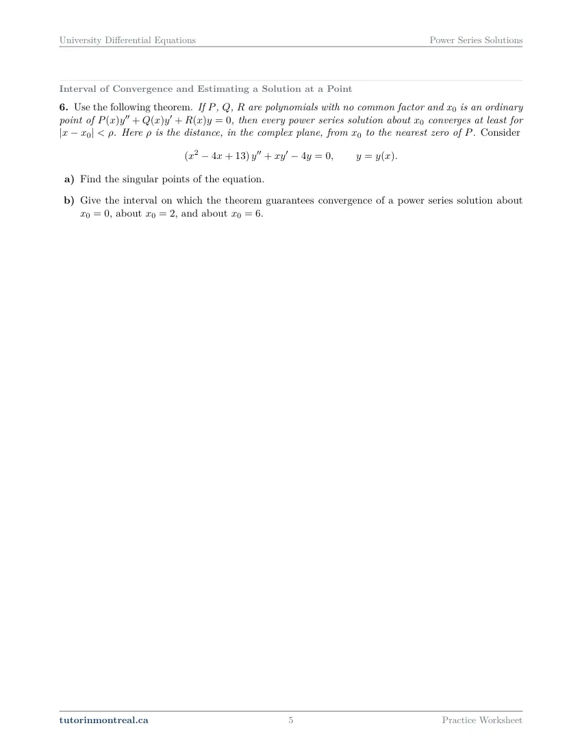Page 5 of the University Differential Equations Power Series Solutions practice worksheet