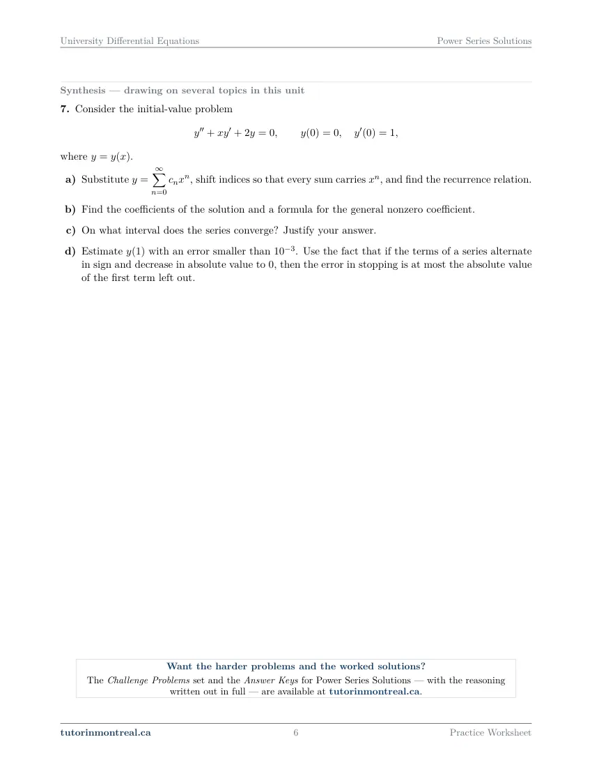 Page 6 of the University Differential Equations Power Series Solutions practice worksheet
