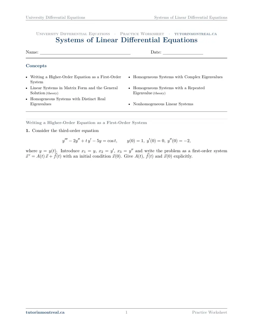 Page 1 of the University Differential Equations Systems of Linear Differential Equations practice worksheet