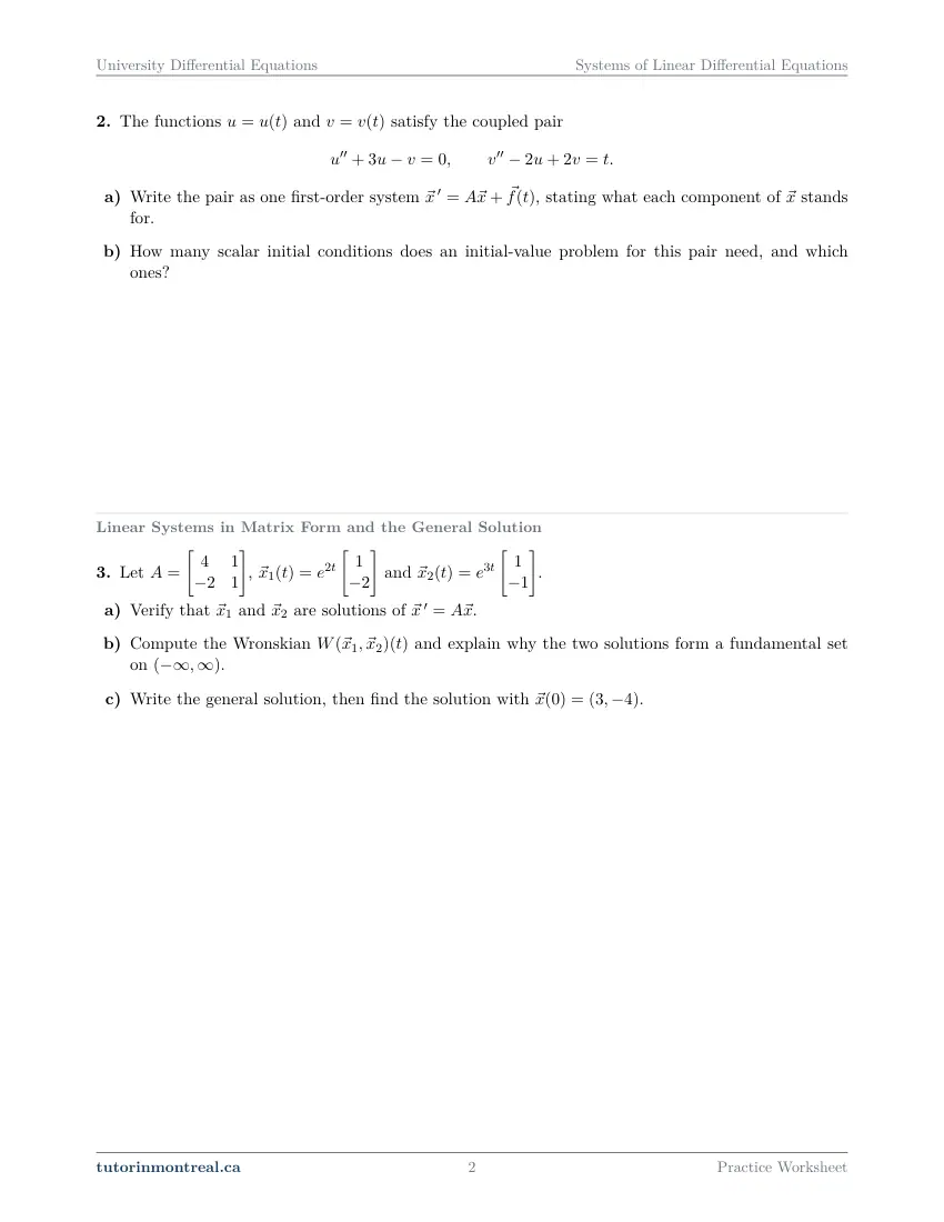 Page 2 of the University Differential Equations Systems of Linear Differential Equations practice worksheet