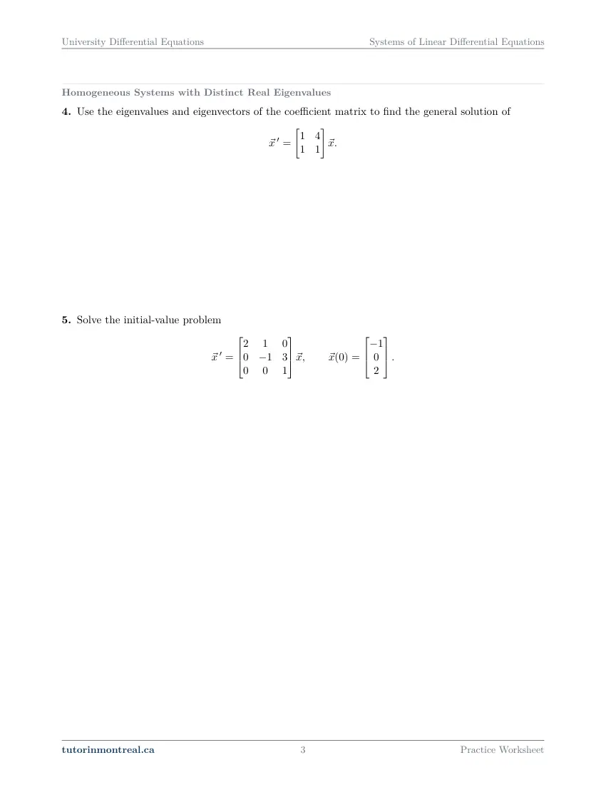 Page 3 of the University Differential Equations Systems of Linear Differential Equations practice worksheet
