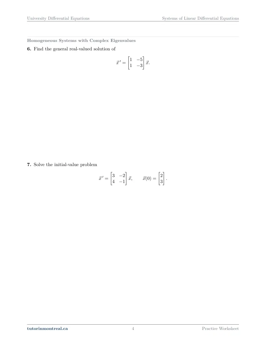 Page 4 of the University Differential Equations Systems of Linear Differential Equations practice worksheet