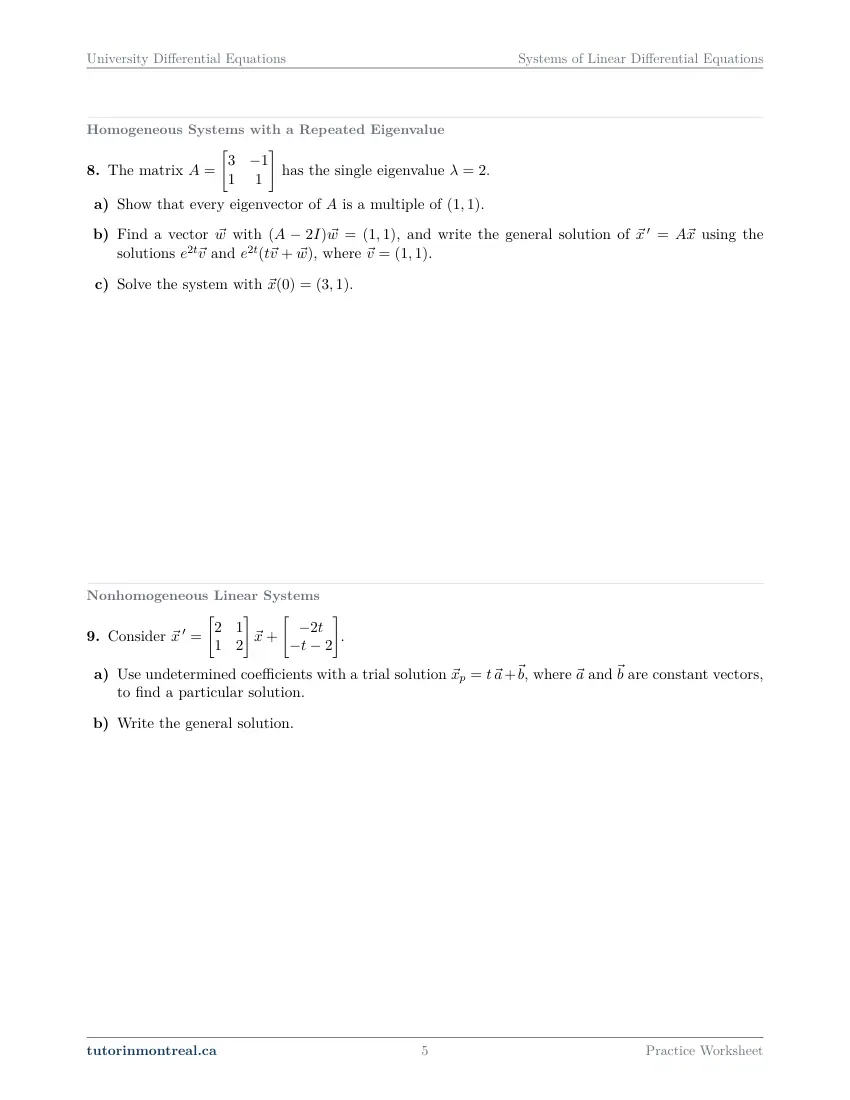 Page 5 of the University Differential Equations Systems of Linear Differential Equations practice worksheet