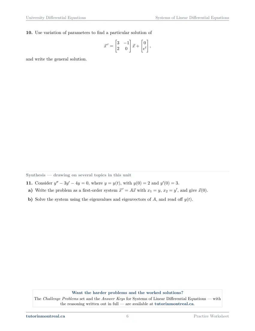 Page 6 of the University Differential Equations Systems of Linear Differential Equations practice worksheet