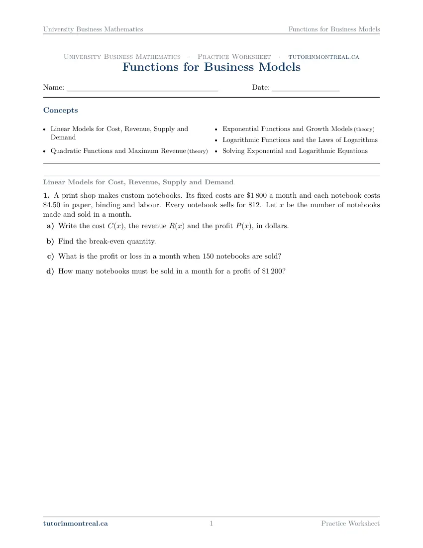 Page 1 of the University Business Math Functions for Business Models practice worksheet
