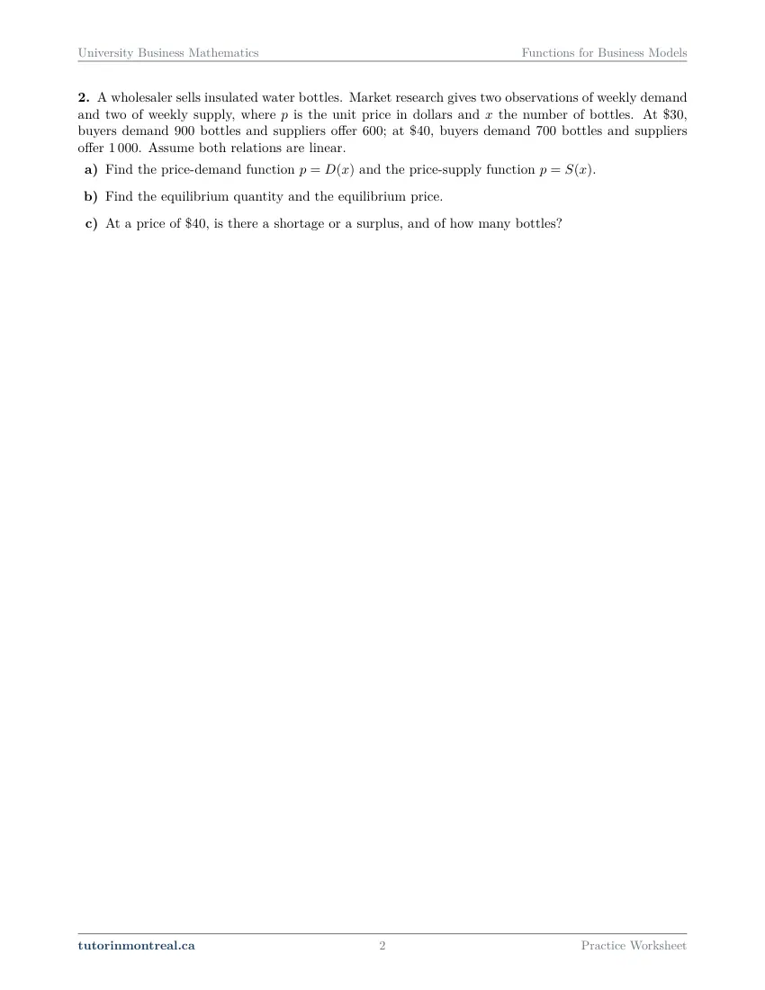 Page 2 of the University Business Math Functions for Business Models practice worksheet
