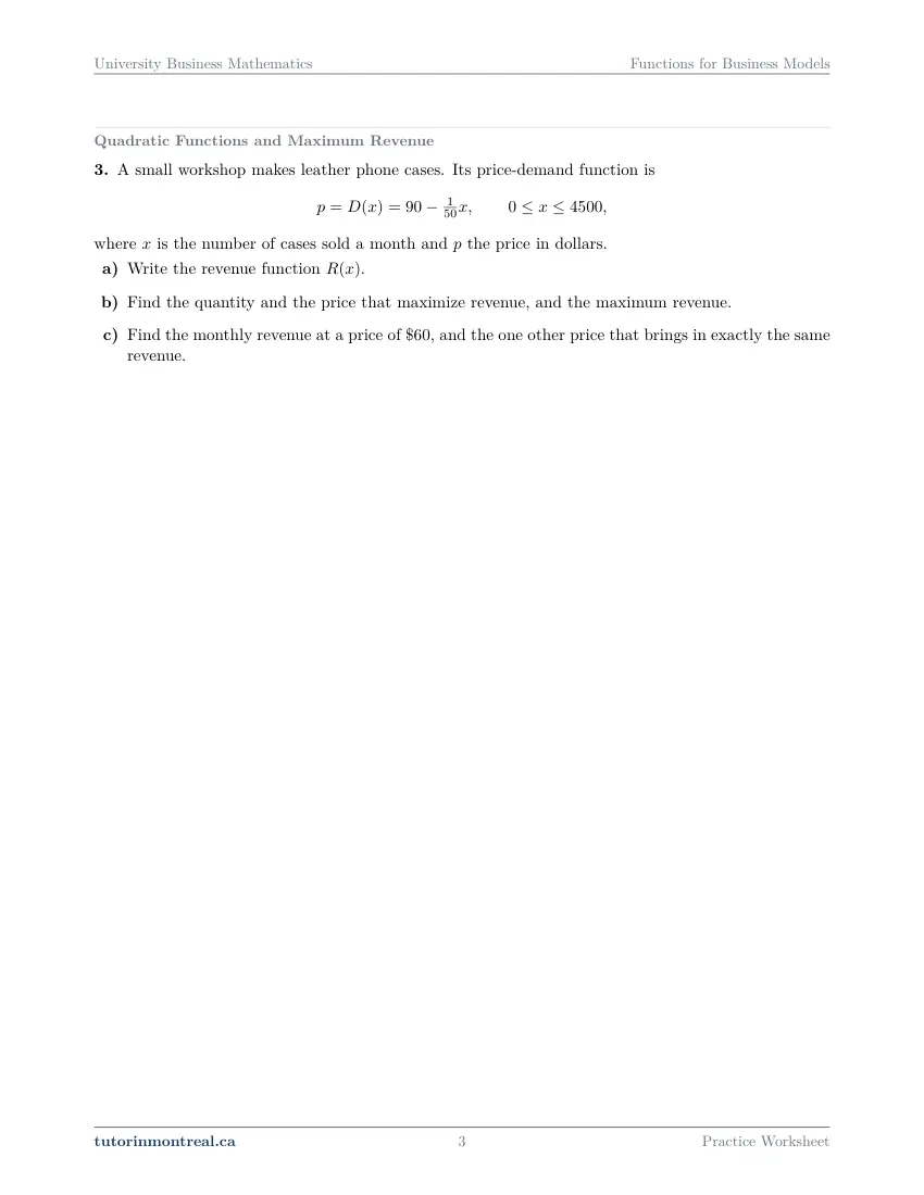 Page 3 of the University Business Math Functions for Business Models practice worksheet