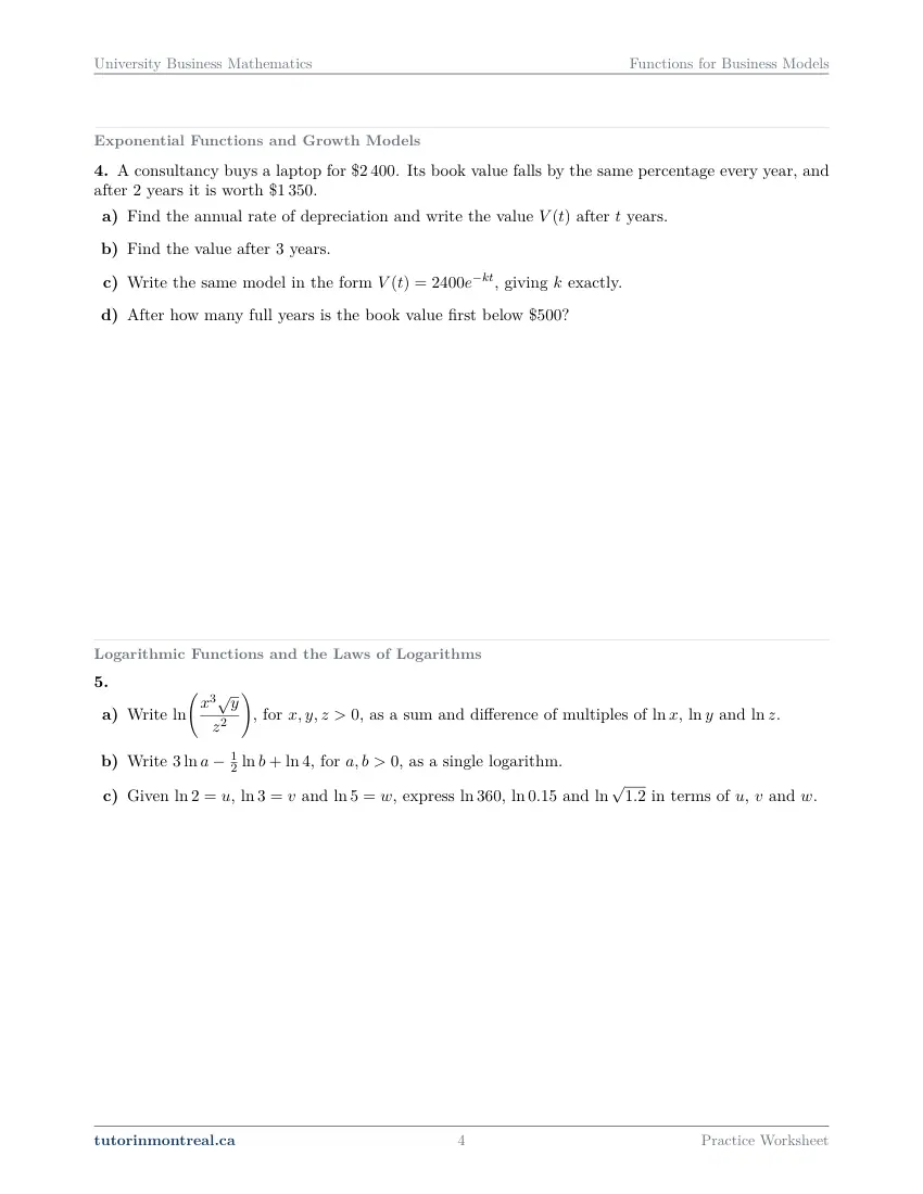 Page 4 of the University Business Math Functions for Business Models practice worksheet