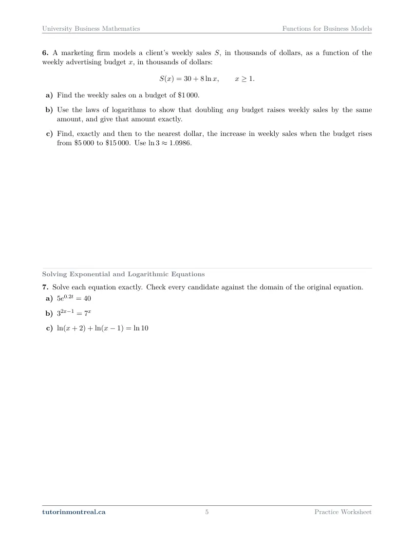 Page 5 of the University Business Math Functions for Business Models practice worksheet