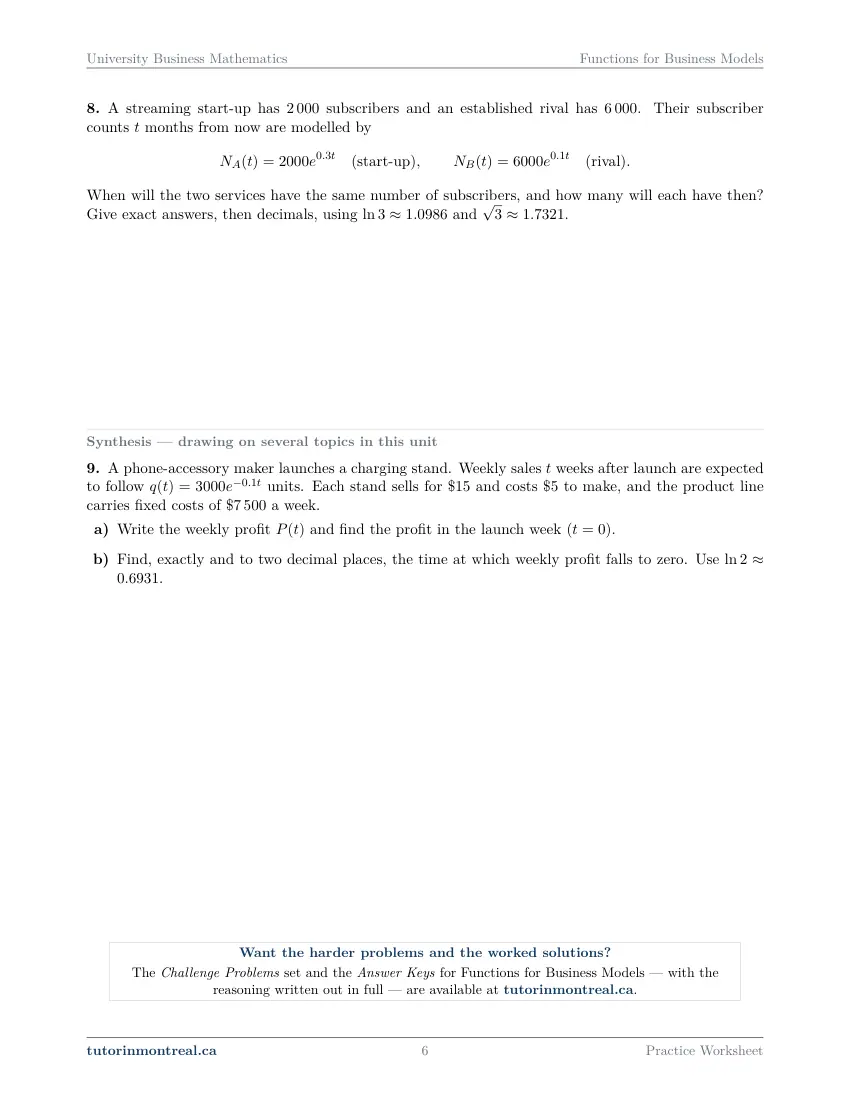 Page 6 of the University Business Math Functions for Business Models practice worksheet