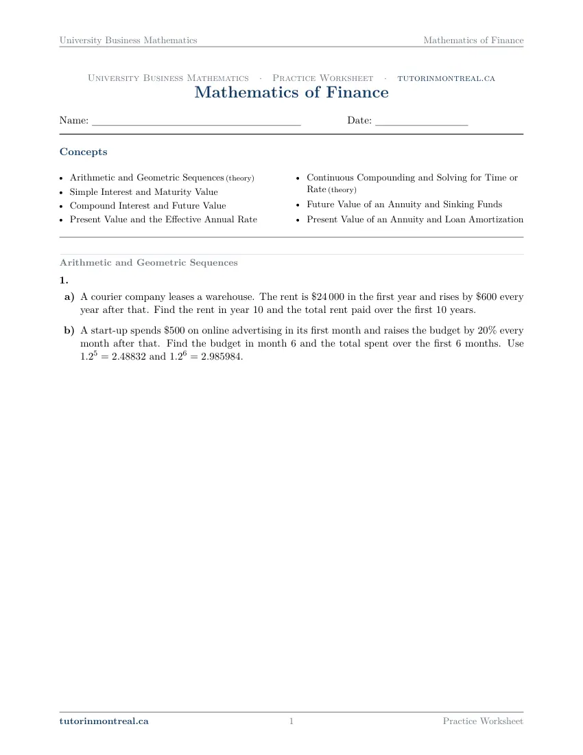 Page 1 of the University Business Math Mathematics of Finance practice worksheet