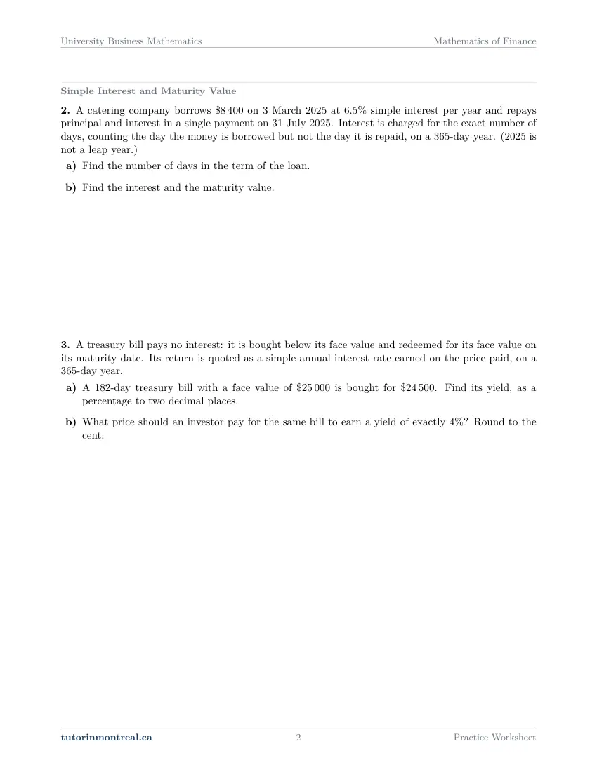 Page 2 of the University Business Math Mathematics of Finance practice worksheet