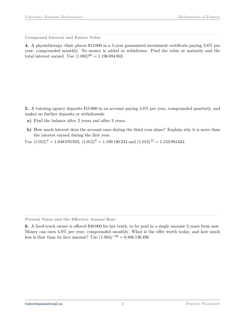 Page 3 of the University Business Math Mathematics of Finance practice worksheet