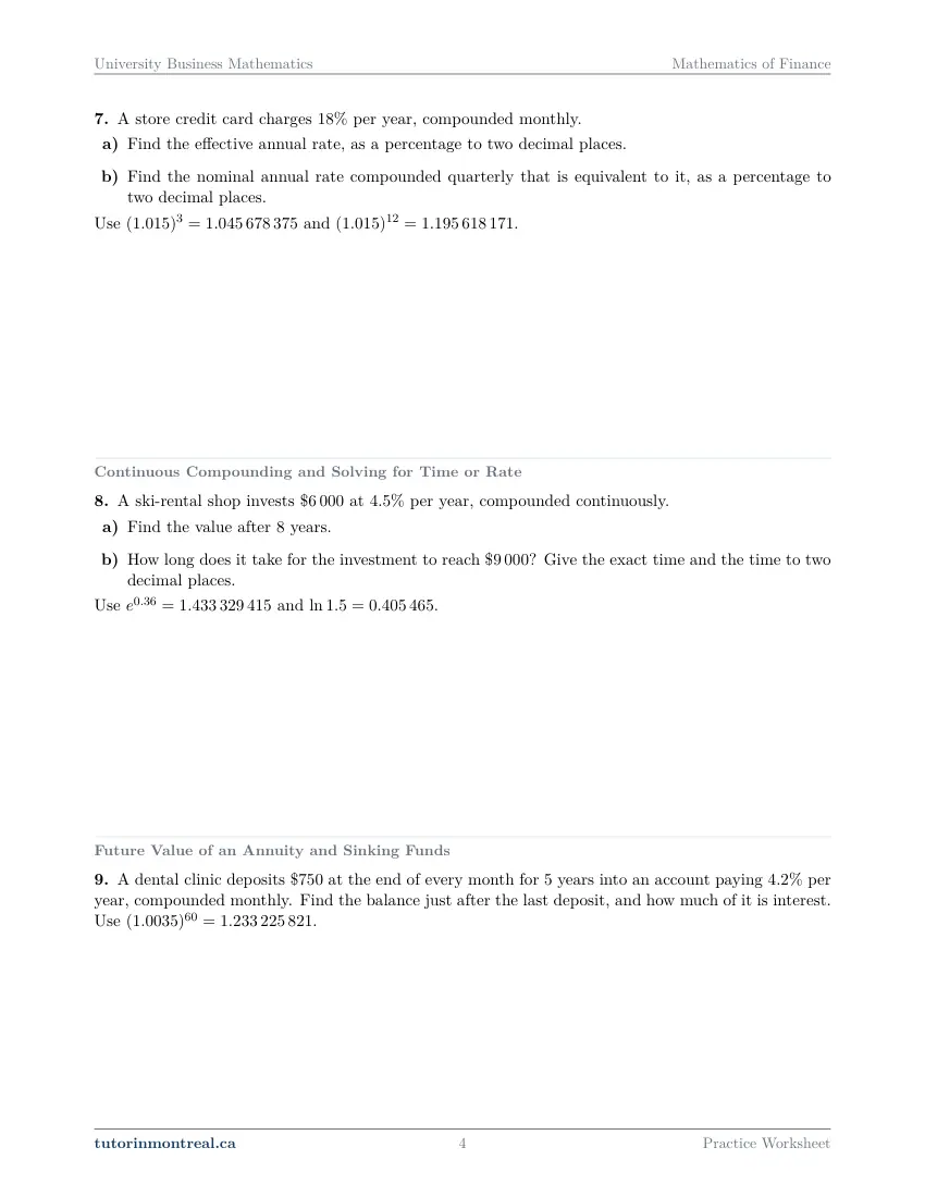 Page 4 of the University Business Math Mathematics of Finance practice worksheet