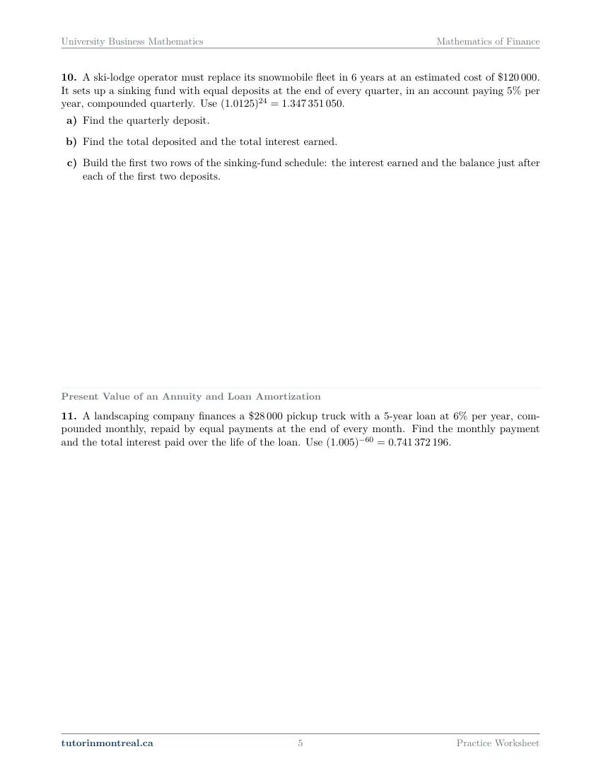 Page 5 of the University Business Math Mathematics of Finance practice worksheet