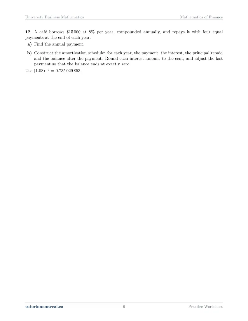 Page 6 of the University Business Math Mathematics of Finance practice worksheet