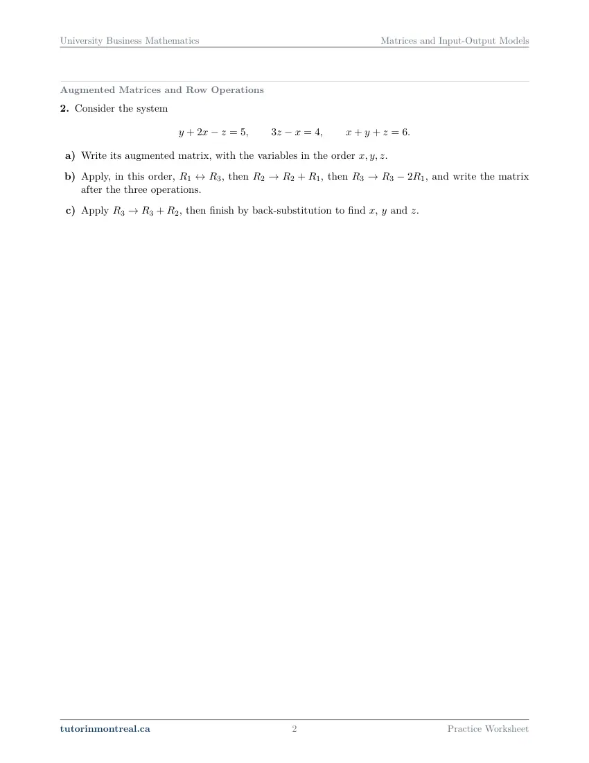 Page 2 of the University Business Math Matrices and Input-Output Models practice worksheet