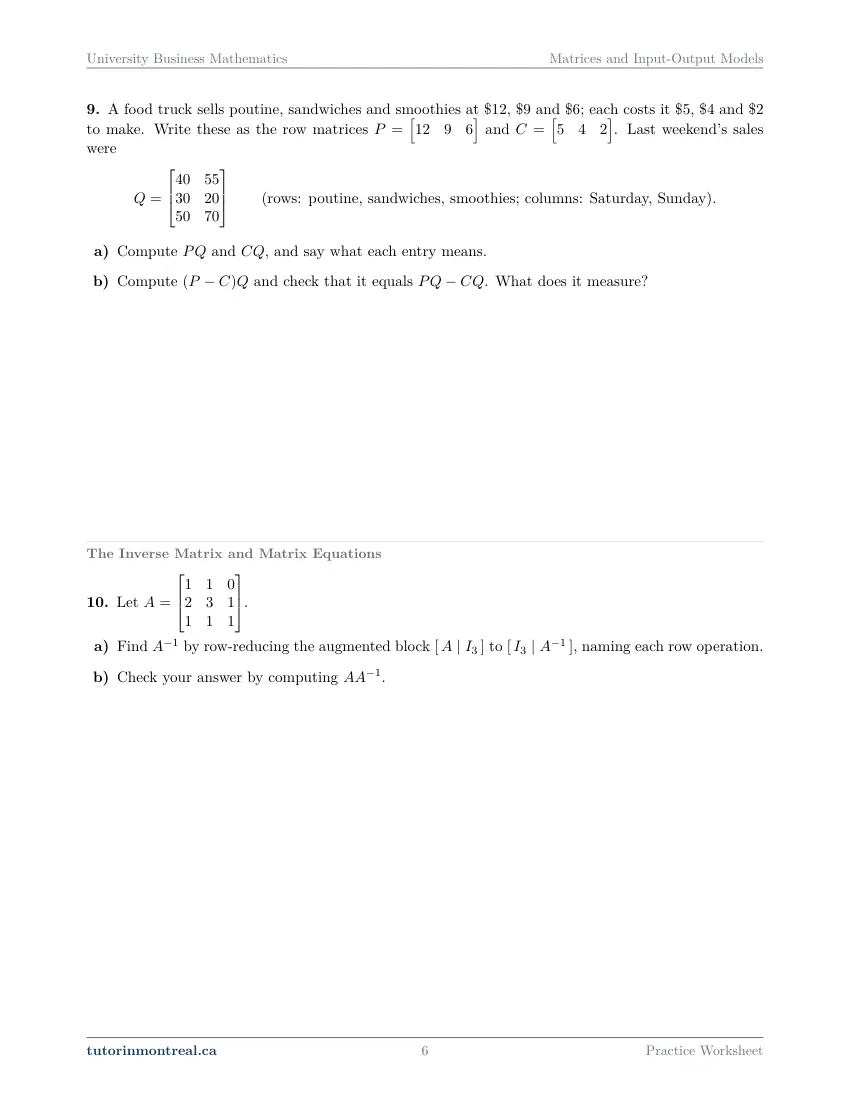Page 6 of the University Business Math Matrices and Input-Output Models practice worksheet