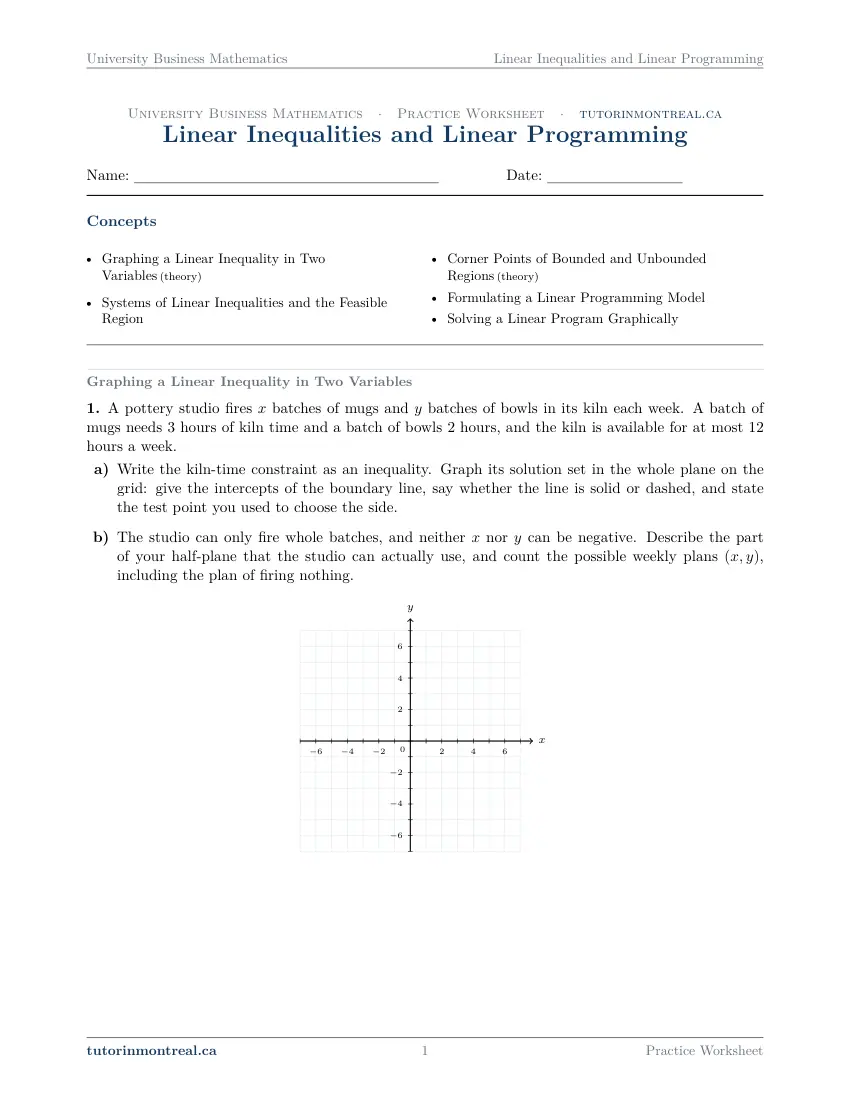 Page 1 of the University Business Math Linear Inequalities and Linear Programming practice worksheet