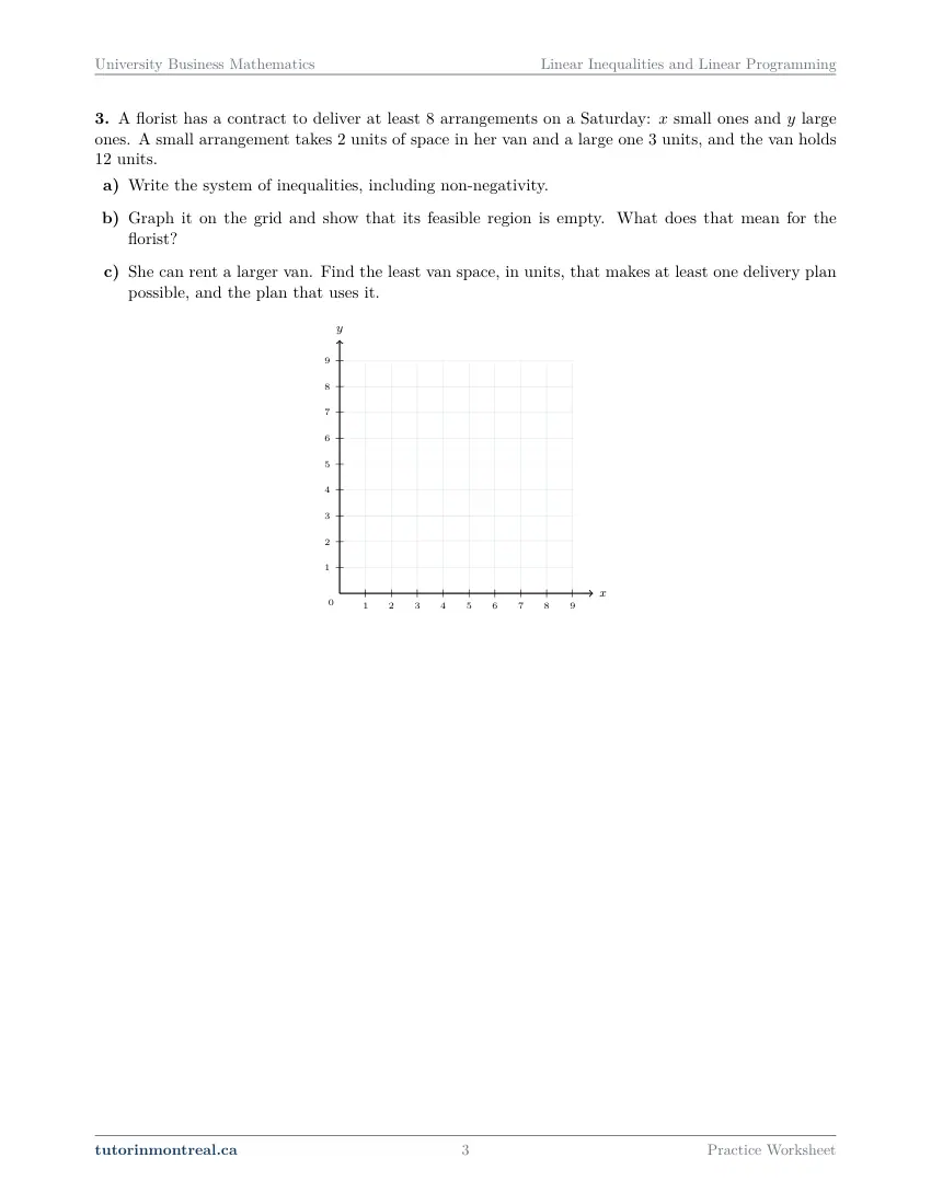 Page 3 of the University Business Math Linear Inequalities and Linear Programming practice worksheet