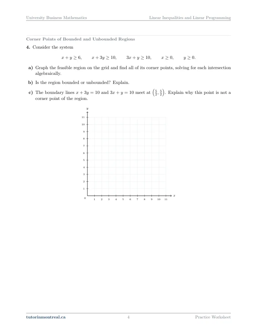 Page 4 of the University Business Math Linear Inequalities and Linear Programming practice worksheet