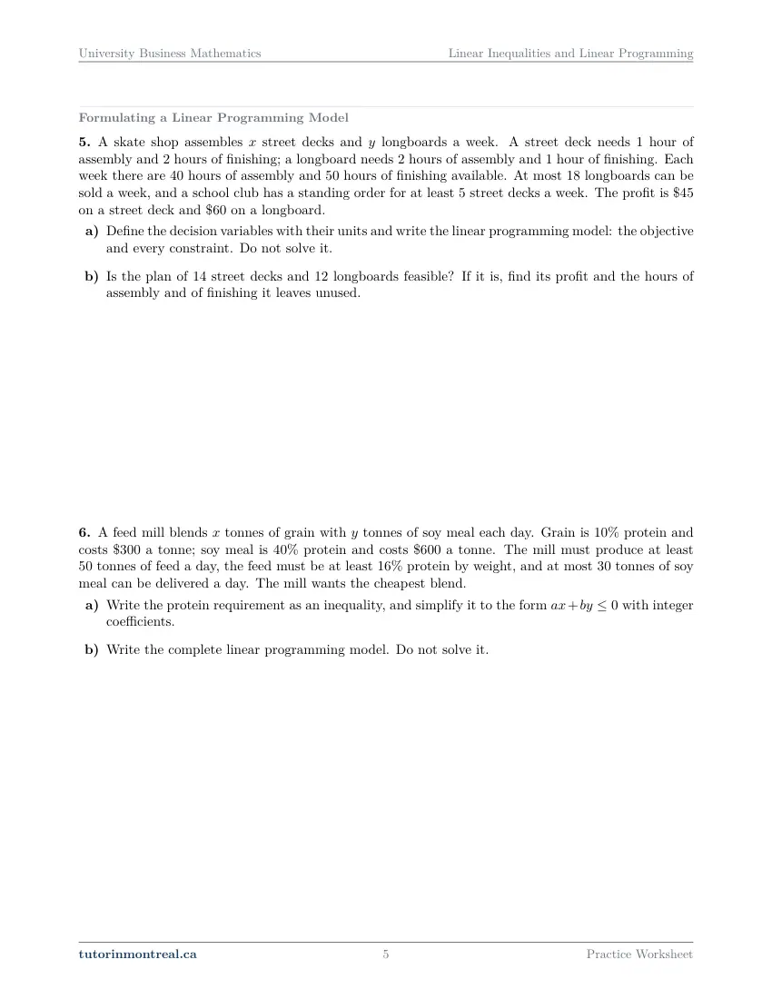Page 5 of the University Business Math Linear Inequalities and Linear Programming practice worksheet