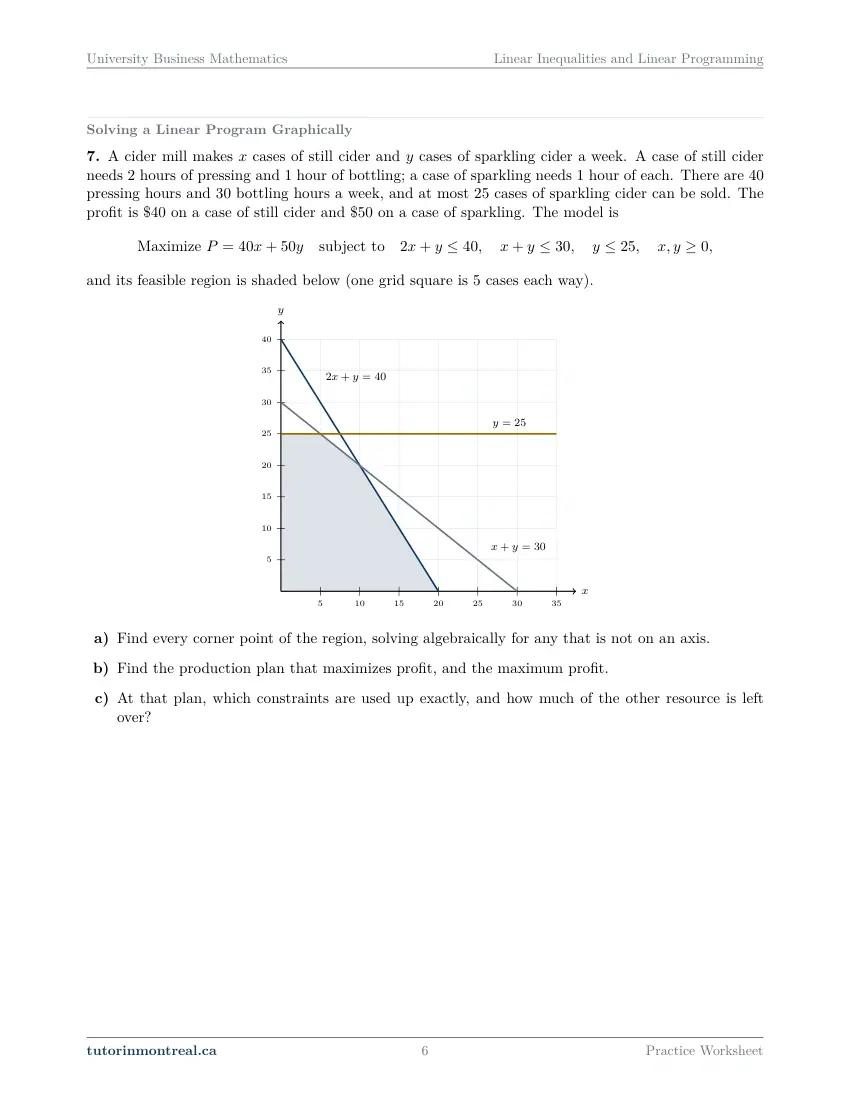Page 6 of the University Business Math Linear Inequalities and Linear Programming practice worksheet
