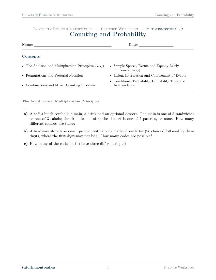 Page 1 of the University Business Math Counting and Probability practice worksheet