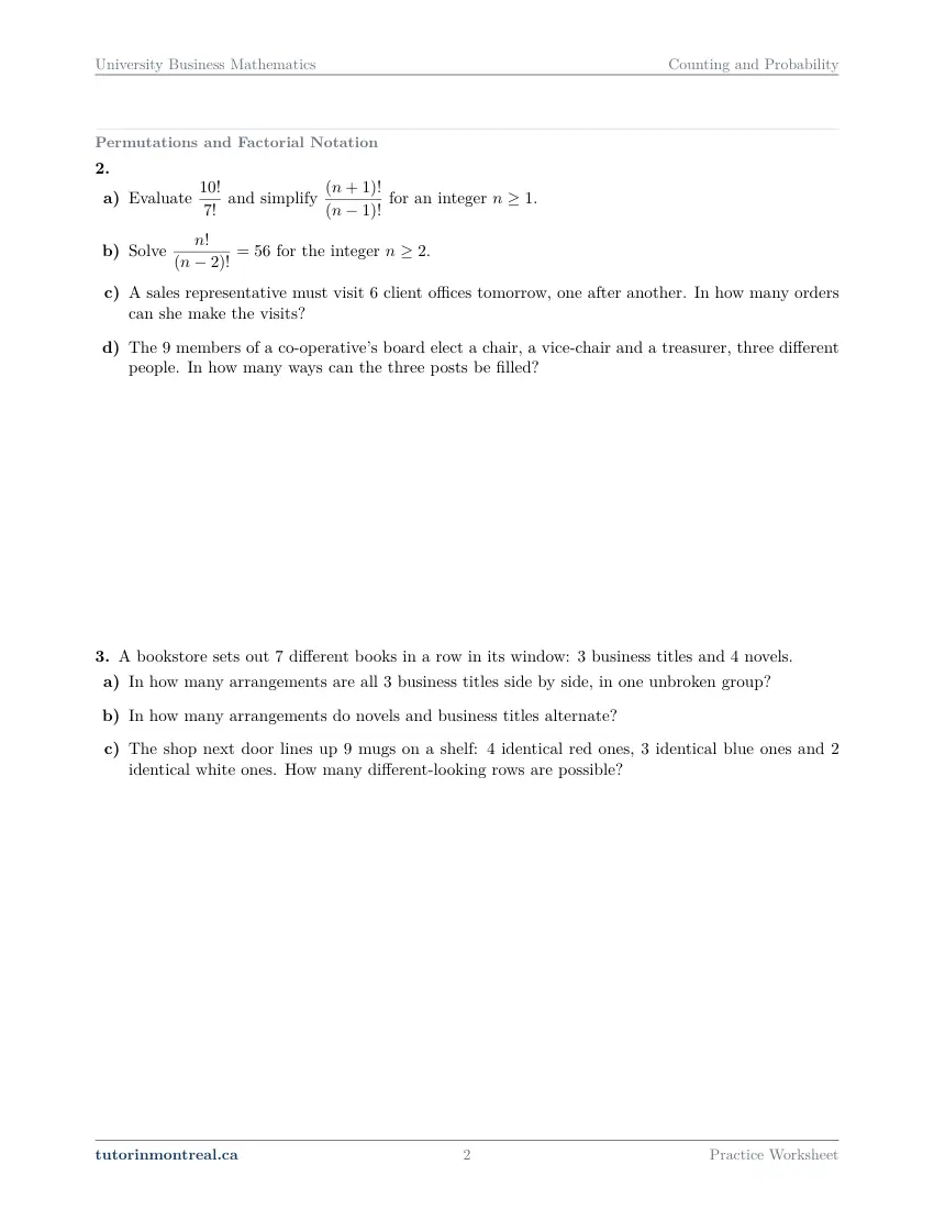 Page 2 of the University Business Math Counting and Probability practice worksheet