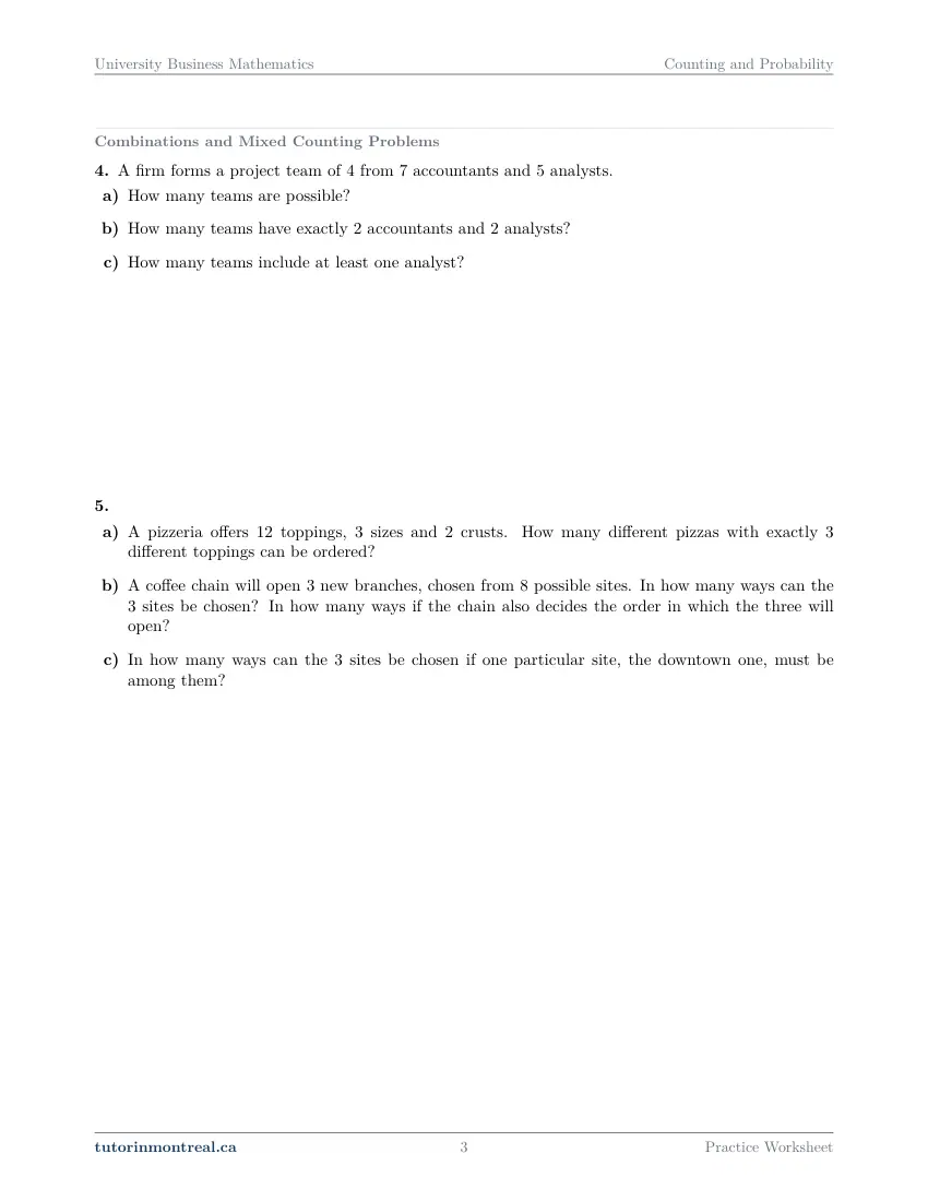 Page 3 of the University Business Math Counting and Probability practice worksheet