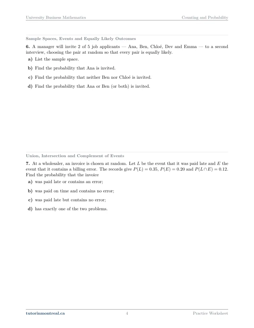 Page 4 of the University Business Math Counting and Probability practice worksheet