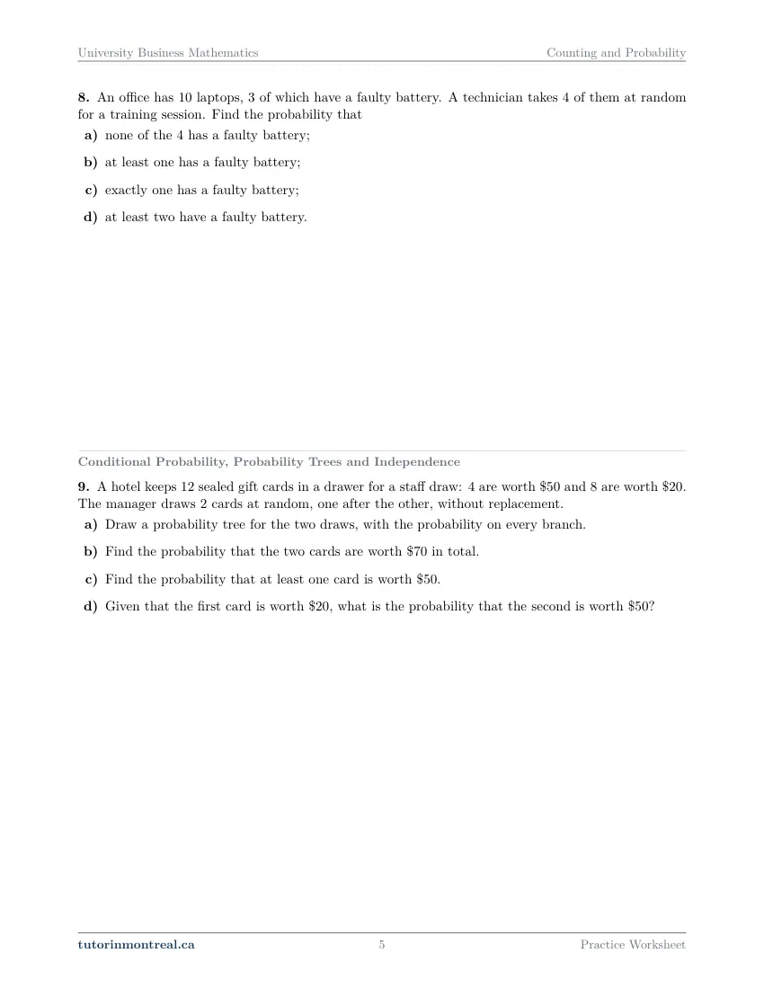 Page 5 of the University Business Math Counting and Probability practice worksheet