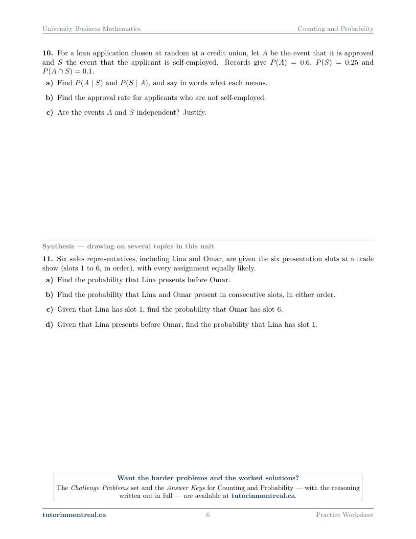 Page 6 of the University Business Math Counting and Probability practice worksheet