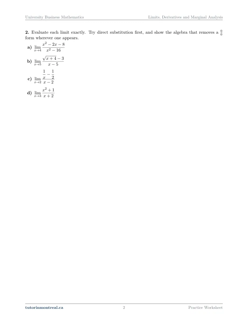 Page 2 of the University Business Math Limits, Derivatives and Marginal Analysis practice worksheet