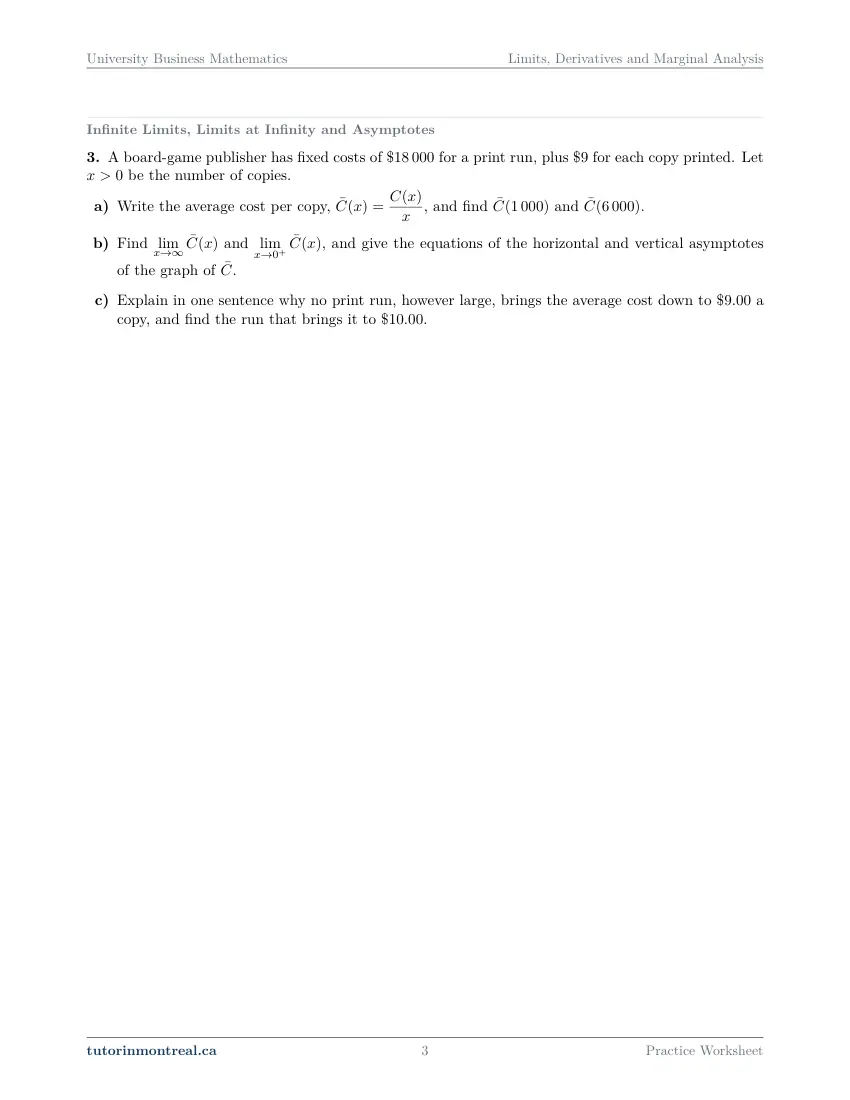 Page 3 of the University Business Math Limits, Derivatives and Marginal Analysis practice worksheet