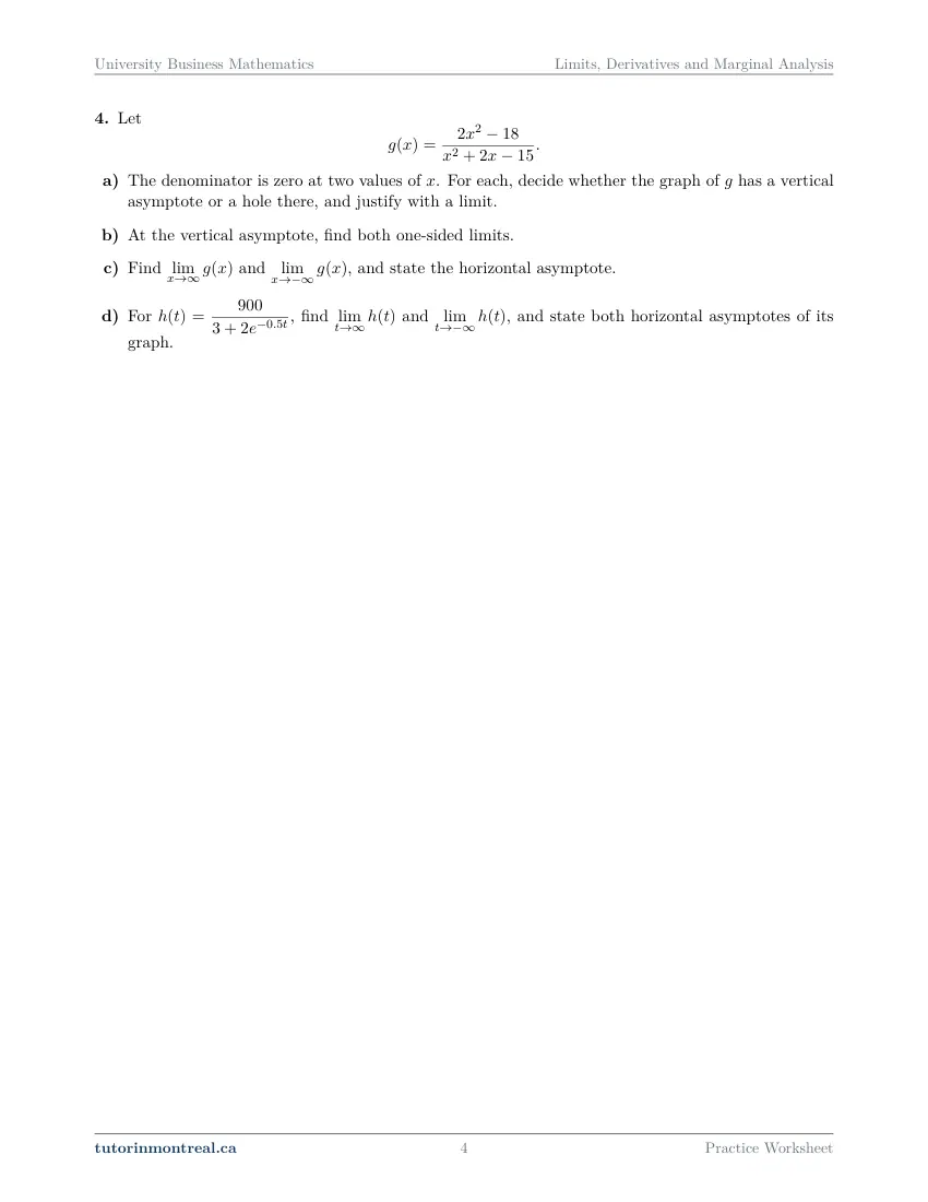 Page 4 of the University Business Math Limits, Derivatives and Marginal Analysis practice worksheet