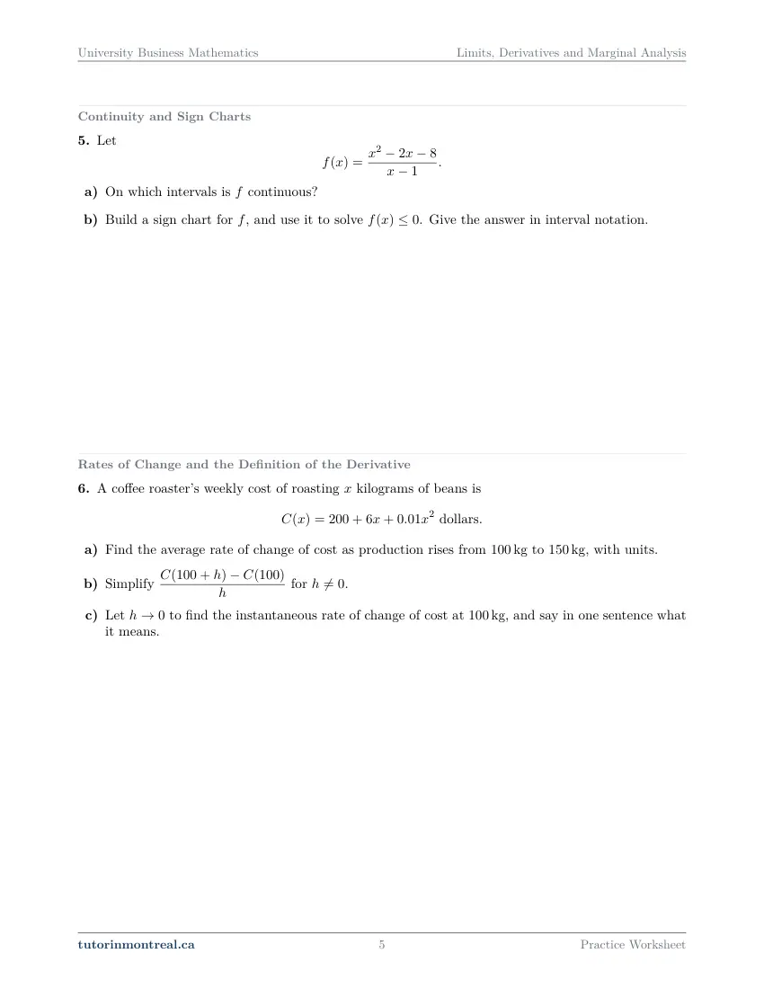 Page 5 of the University Business Math Limits, Derivatives and Marginal Analysis practice worksheet