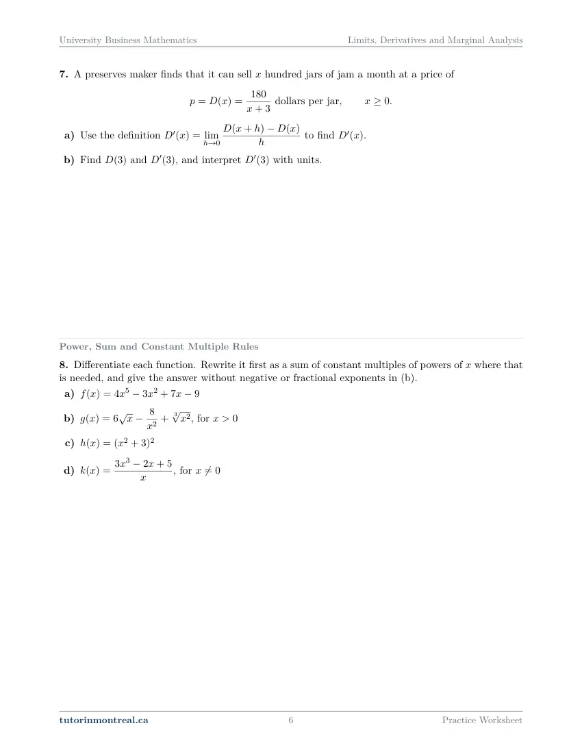Page 6 of the University Business Math Limits, Derivatives and Marginal Analysis practice worksheet