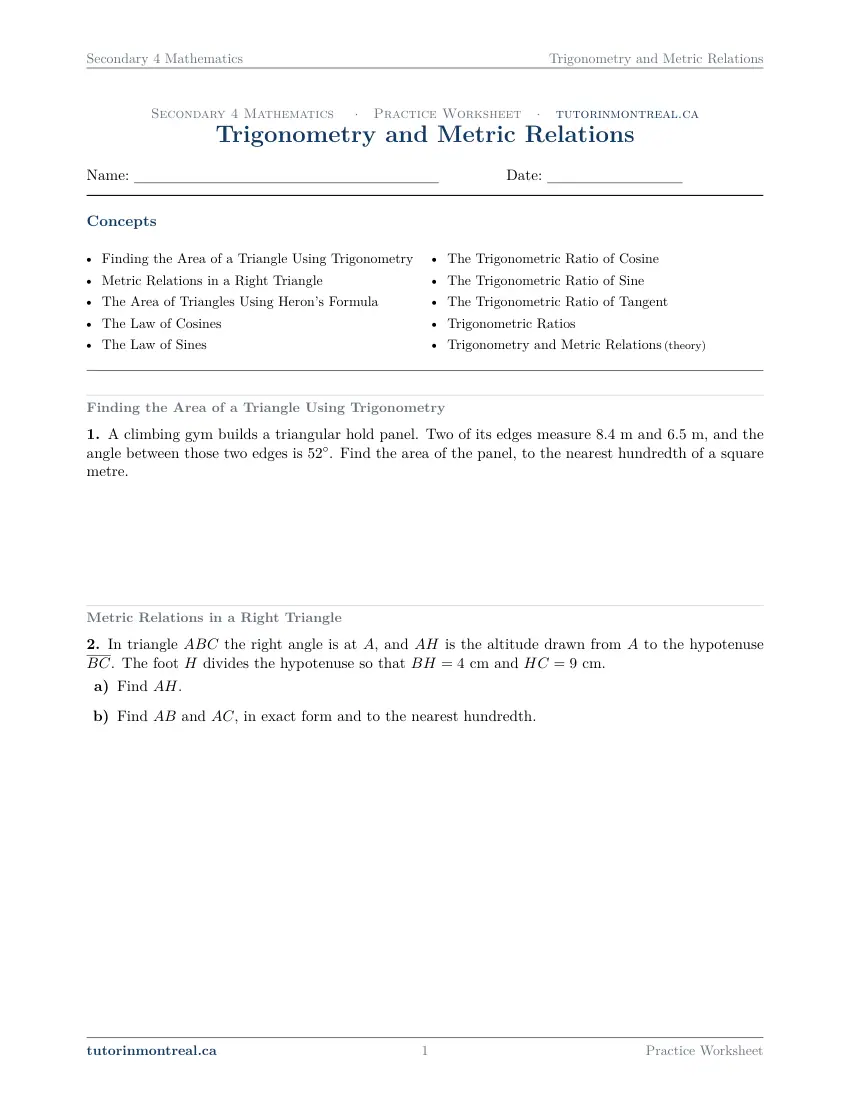Page 1 of the Secondary 4 Math Trigonometry and Metric Relations practice worksheet