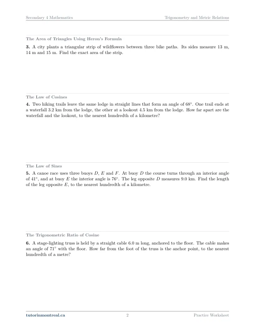 Page 2 of the Secondary 4 Math Trigonometry and Metric Relations practice worksheet