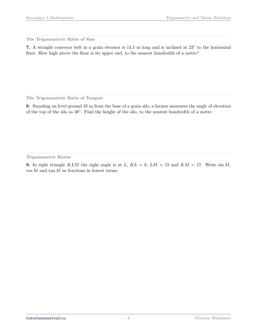 Page 3 of the Secondary 4 Math Trigonometry and Metric Relations practice worksheet