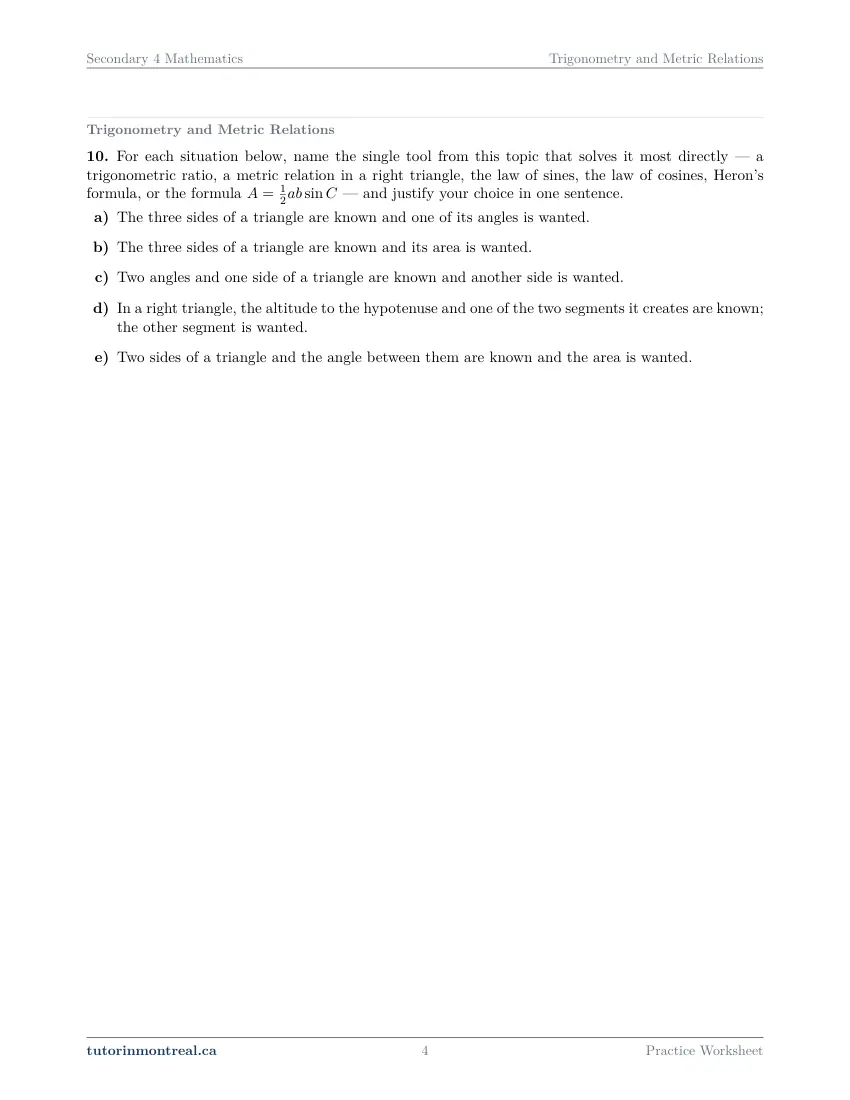 Page 4 of the Secondary 4 Math Trigonometry and Metric Relations practice worksheet