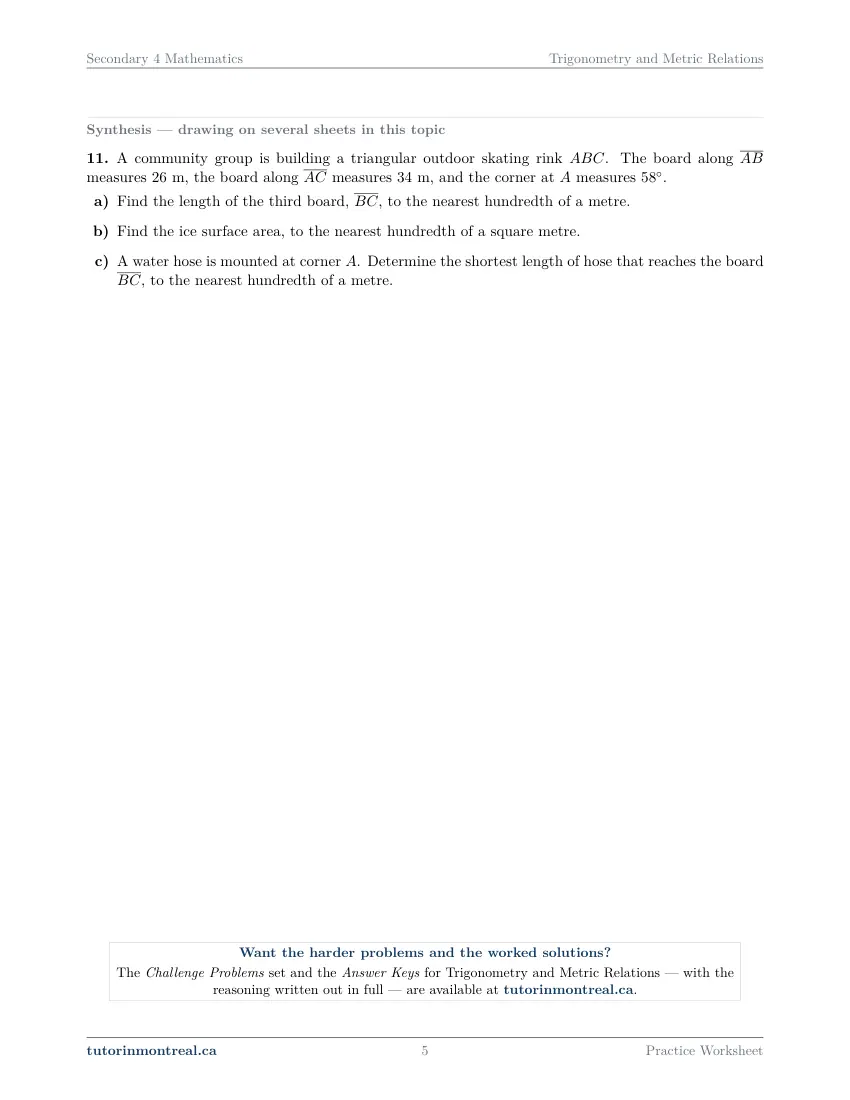 Page 5 of the Secondary 4 Math Trigonometry and Metric Relations practice worksheet