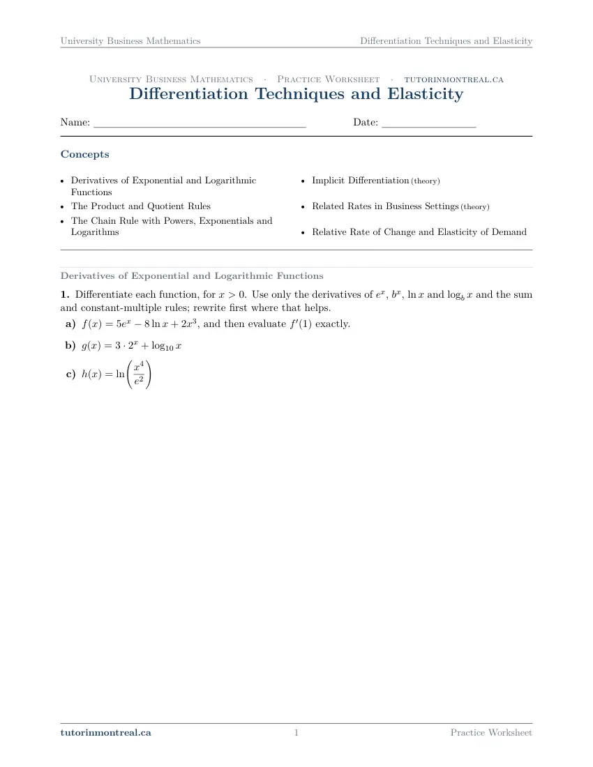 Page 1 of the University Business Math Differentiation Techniques and Elasticity practice worksheet
