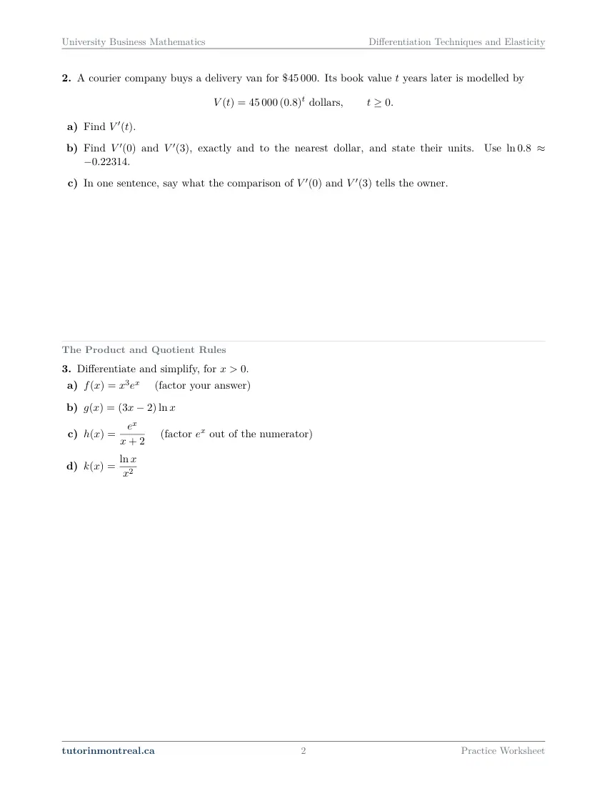 Page 2 of the University Business Math Differentiation Techniques and Elasticity practice worksheet