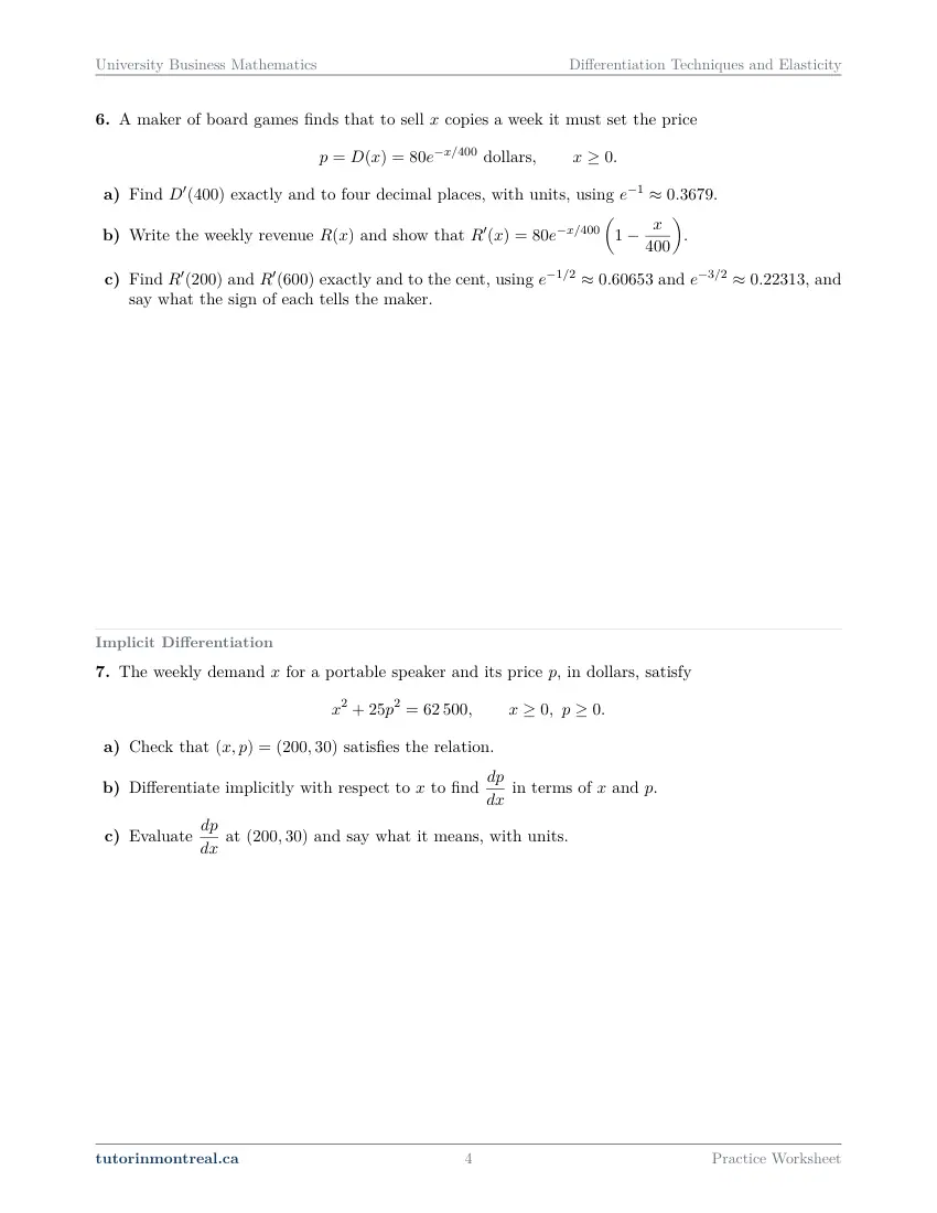 Page 4 of the University Business Math Differentiation Techniques and Elasticity practice worksheet
