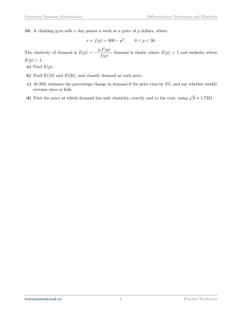 Page 6 of the University Business Math Differentiation Techniques and Elasticity practice worksheet