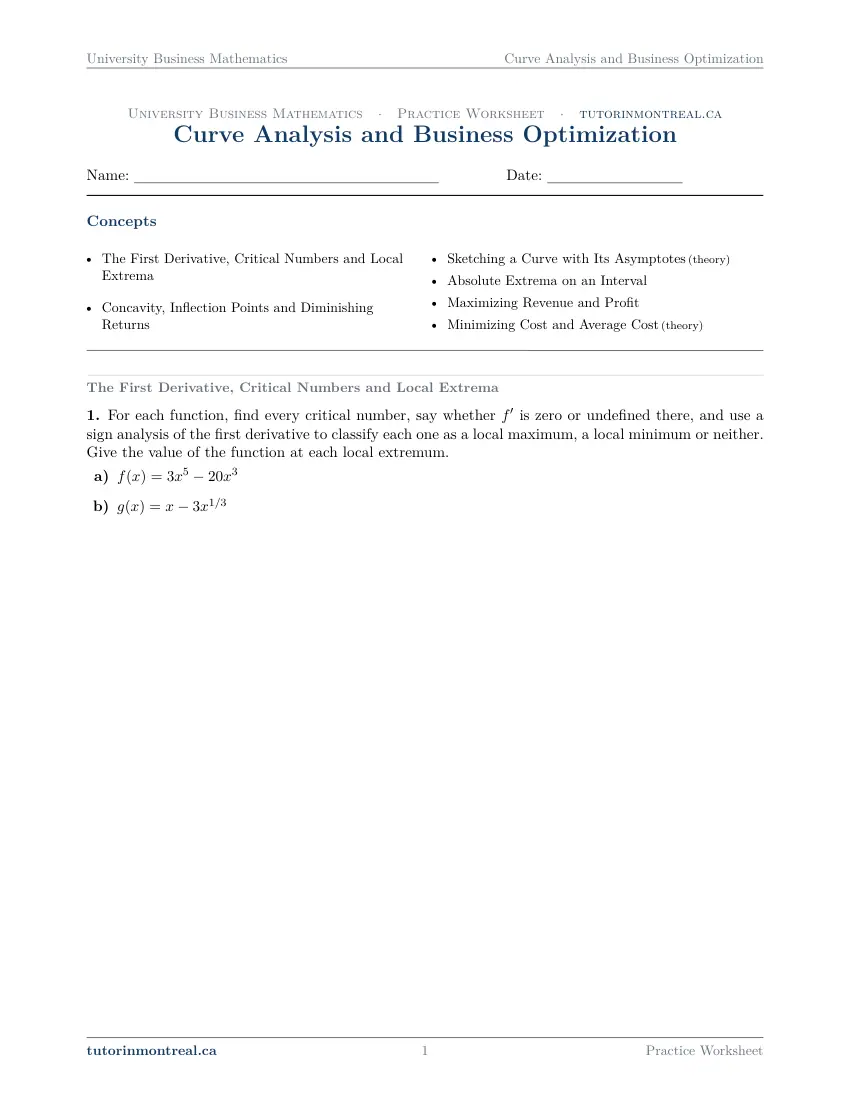 Page 1 of the University Business Math Curve Analysis and Business Optimization practice worksheet